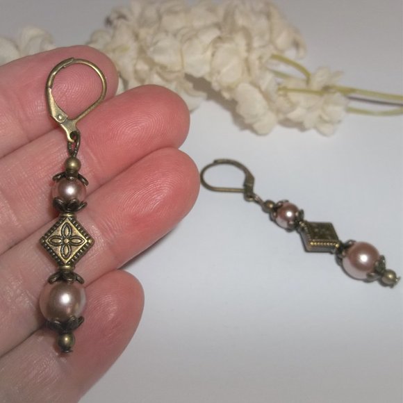 Brown Pearl Earrings, Brown Earrings, Dangle Earrings, Brown and Bronze Set 7481 - Picture 6 of 8